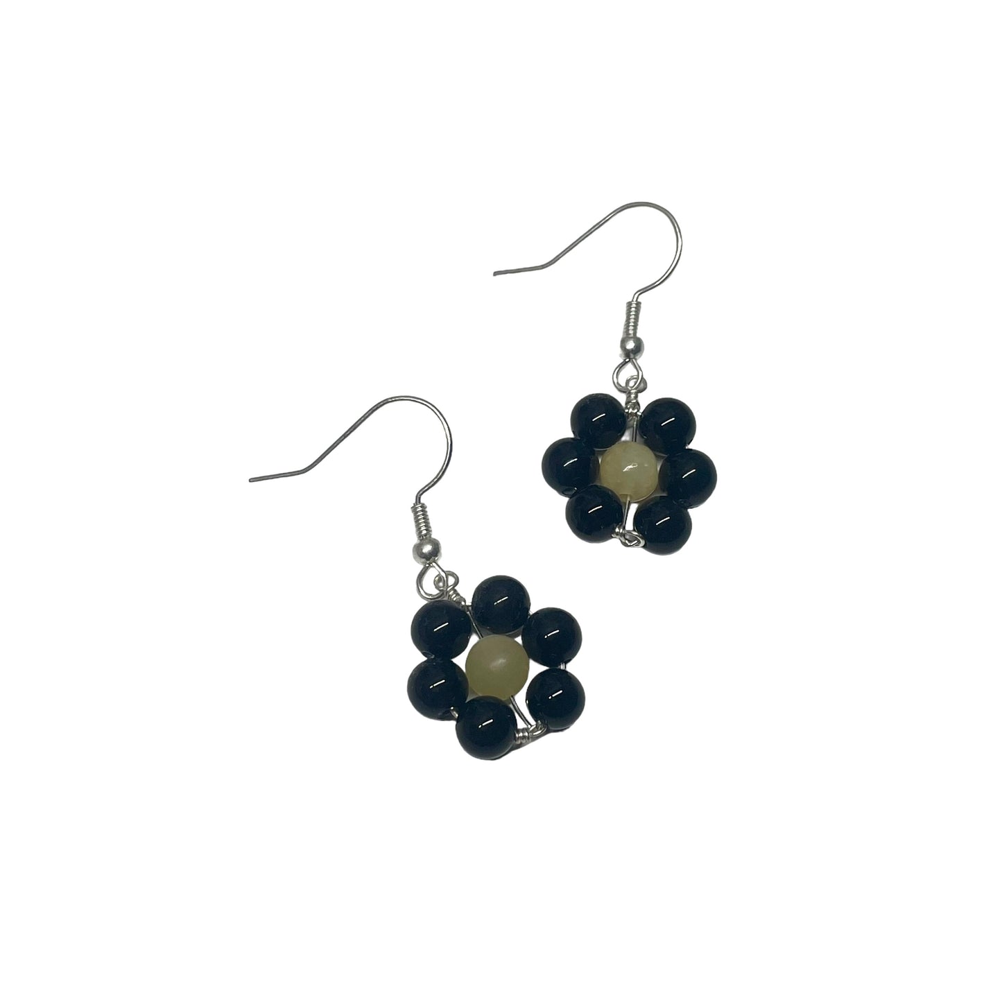 Black Agate Flower 6mm Crystal Bead Earrings