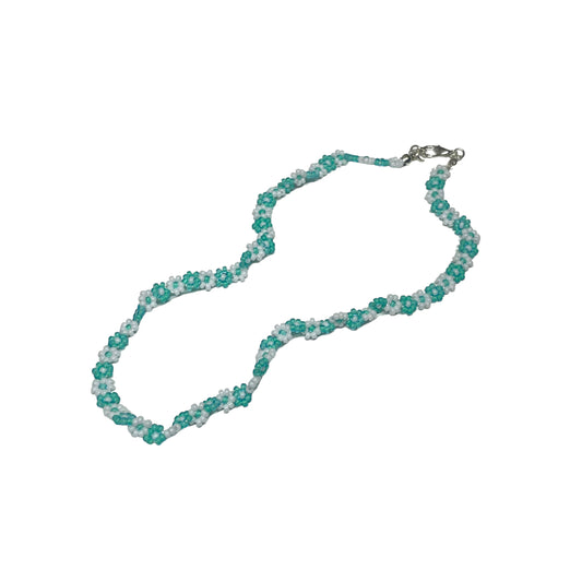 White And Aqua Beaded Daisy Chain Necklace