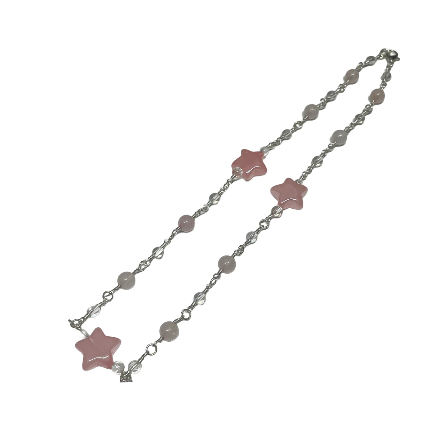 Rose Quartz 6mm And Clear Quartz 4mm Crystal Bead With Stars Looped Necklace