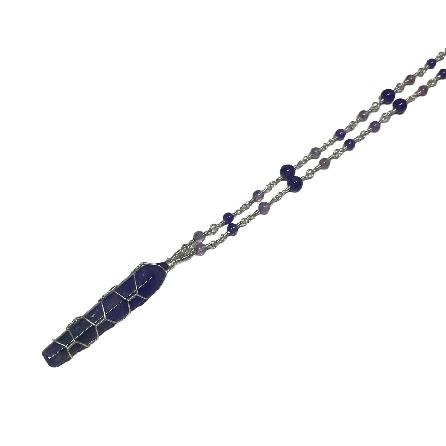 Amethyst And Purple Prehnite 4mm Crystal Bead With Wrapped Pendant Looped Necklace (Limited Edition)