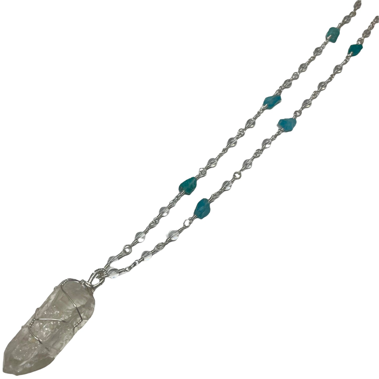 Clear Quartz 4mm Crystal Bead, Raw Blue Apatite Chunk With Clear Quartz Pendant Looped Necklace (Limited Edition)