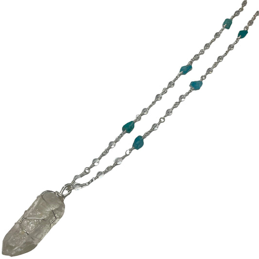 Clear Quartz 4mm Crystal Bead, Raw Blue Apatite Chunk With Clear Quartz Pendant Looped Necklace (Limited Edition)