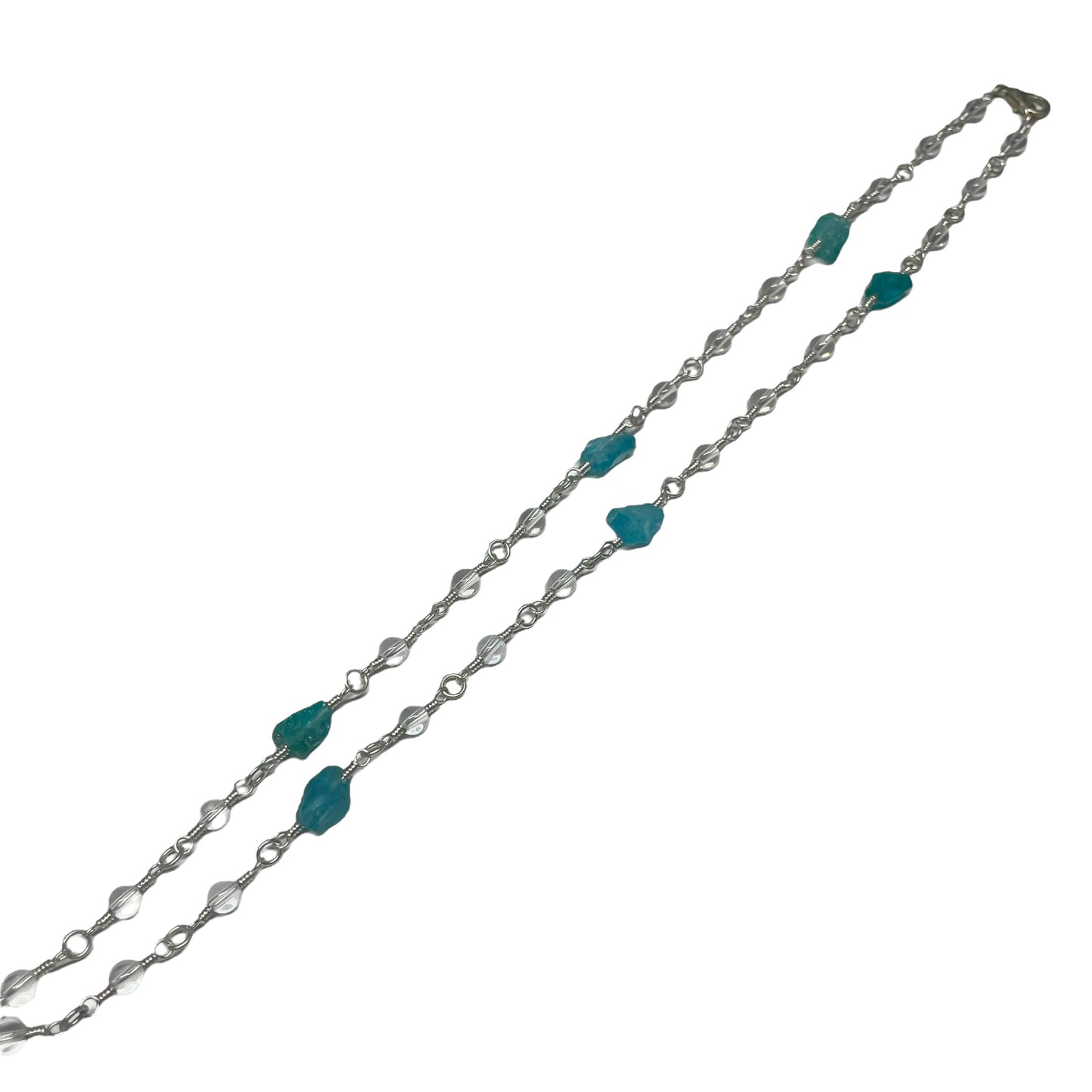 Clear Quartz 4mm Crystal Bead, Raw Blue Apatite Chunk With Clear Quartz Pendant Looped Necklace (Limited Edition)