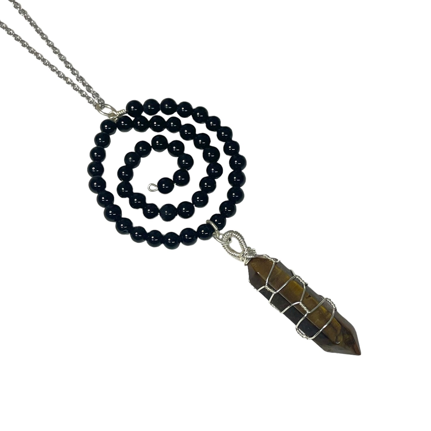 Wrapped Tiger's Eye Pendant And Black Agate Spiral On Chain Necklace