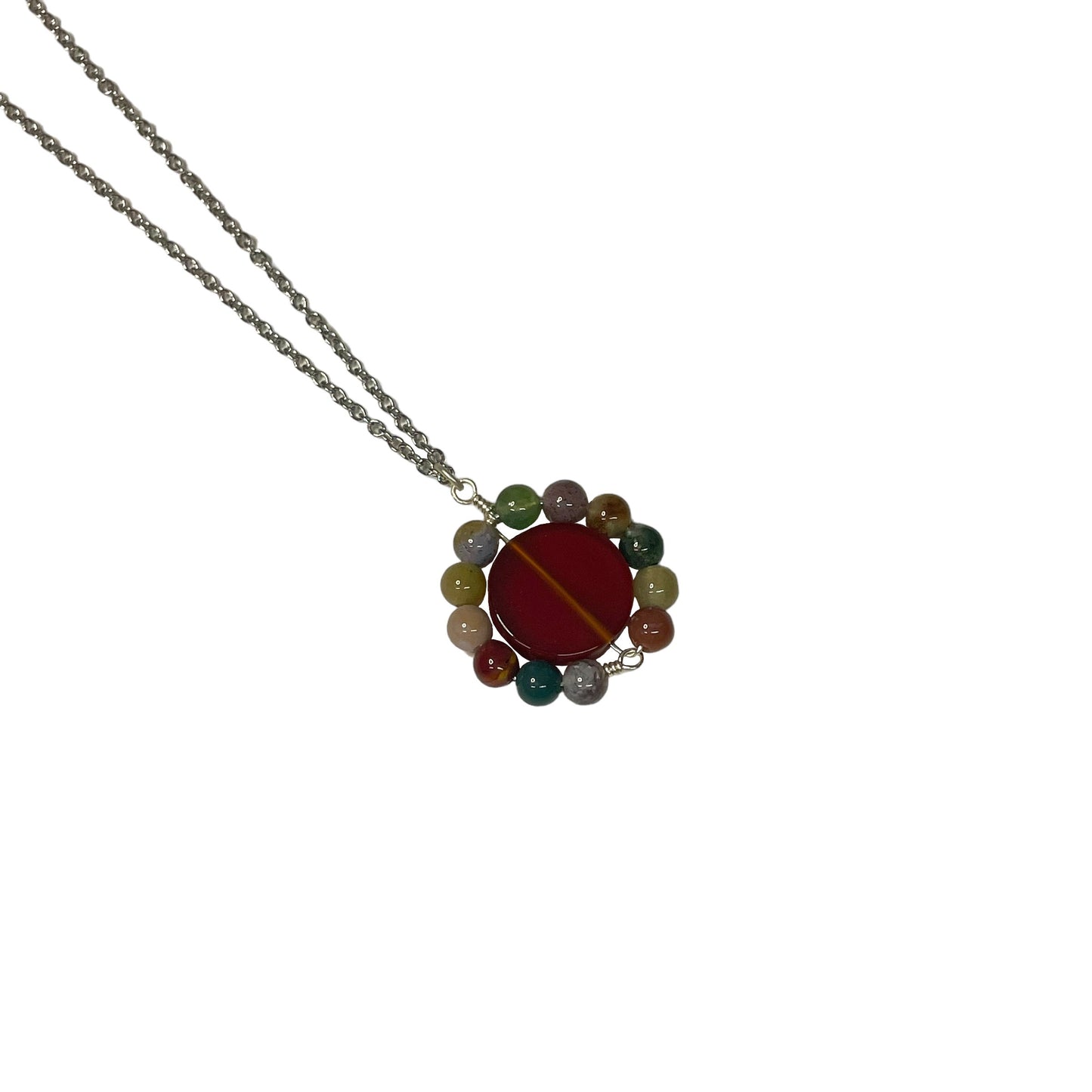 Indian Agate And Carnelian Bead Flower On Chain Necklace