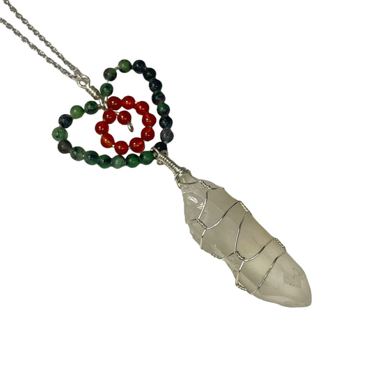 Clear Quartz Wrapped Pendant With Ruby Zoisite Heart And Carnelian Spiral On Chain Necklace