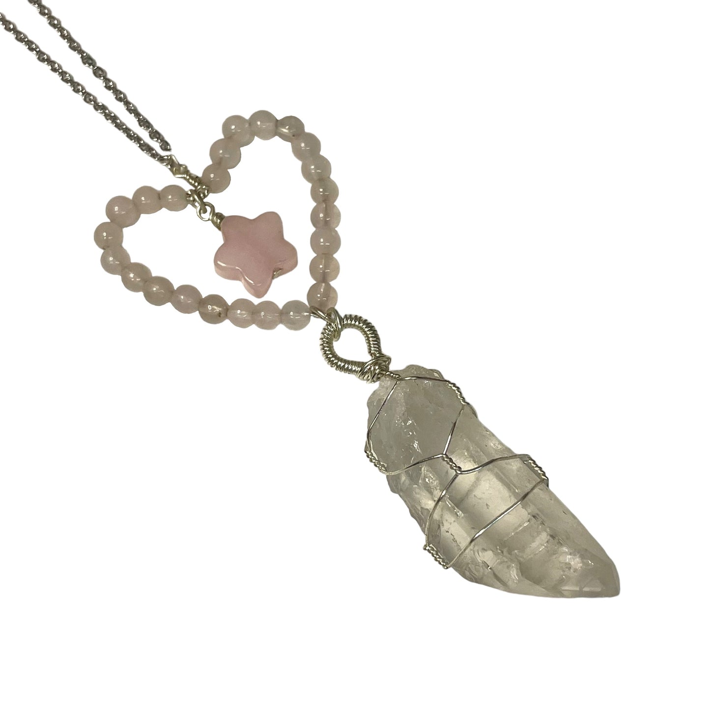 Wrapped Clear Quartz Pendant With Rose Quartz Heart And Star On Chain Necklace