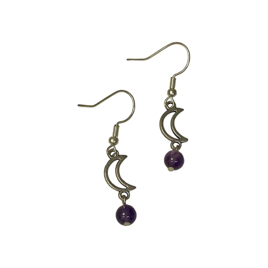 Amethyst 6mm Crystal Bead And Hollow Moon Charm Earrings