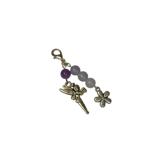 Chevron Amethyst And Aquamarine 6mm Crystal Bead With Fairy And Flower Charm Keychain