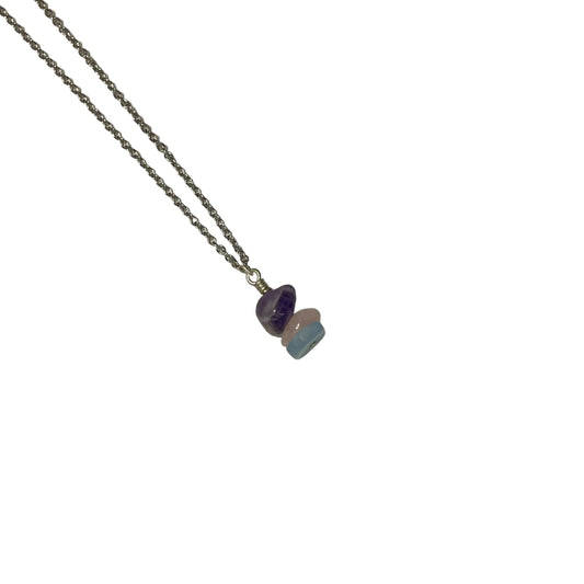 Pisces Zodiac Sign Stacked Crystal Chips On Chain Necklace (Amethyst, Rose Quartz, Aquamarine)