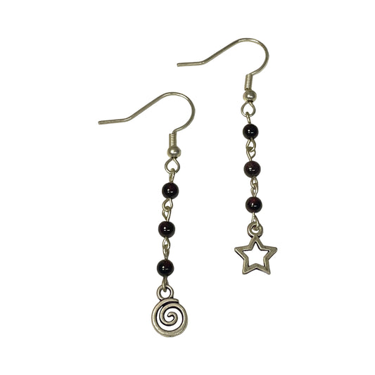 Garnet 4mm Crystal Bead, Spiral And Star Charm Earrings