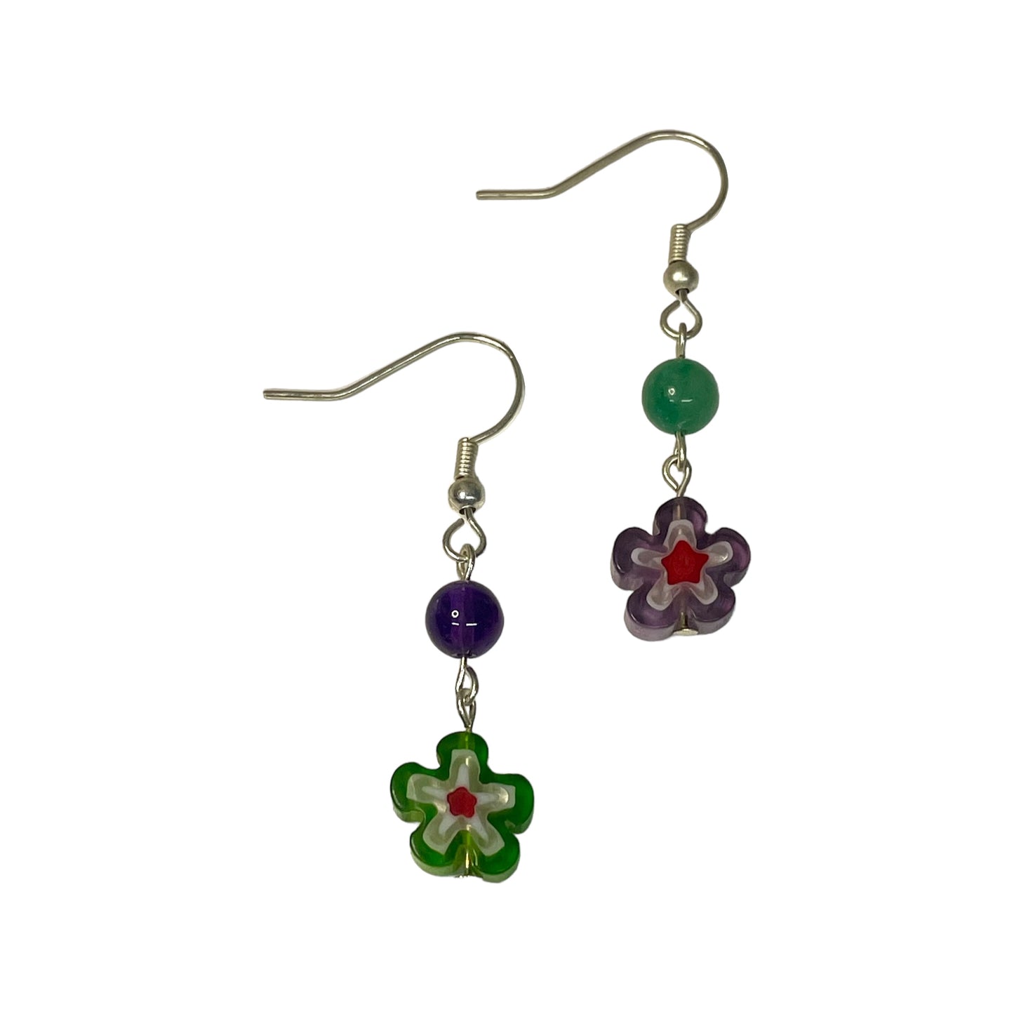 Amethyst And Green Aventurine 6mm Crystal Bead And Flower Earrings