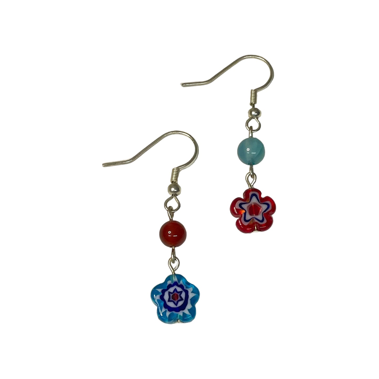 Carnelian And Blue Agate 6mm Crystal Bead And Flower Earrings