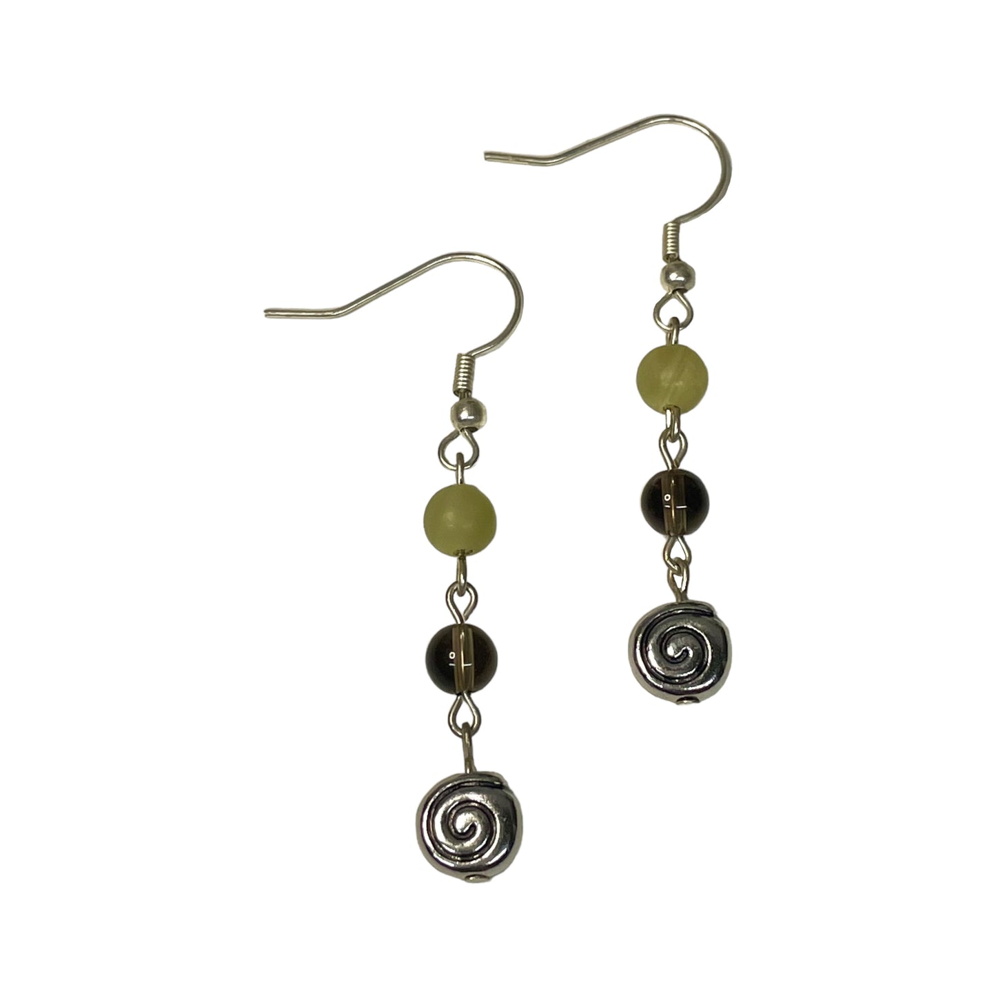 Afghanistan Jade And Smoky Quartz 6mm Crystal Bead And Spiral Bead Charm Earrings