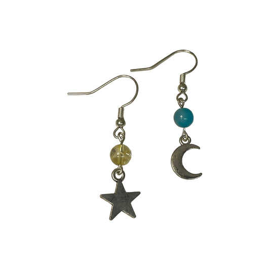 Multicolour Agate (Blue) And Citrine 6mm Crystal Bead With Moon and Star Charm Earrings