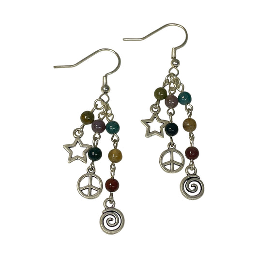 Indian Agate 4mm Crystal Bead With Peace Sign, Spiral And Star Charm Earrings