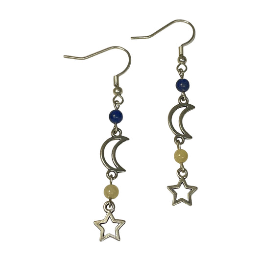 Honey Jade And Sodalite 4mm Crystal Bead With Moon And Star Hollow Charm Earrings