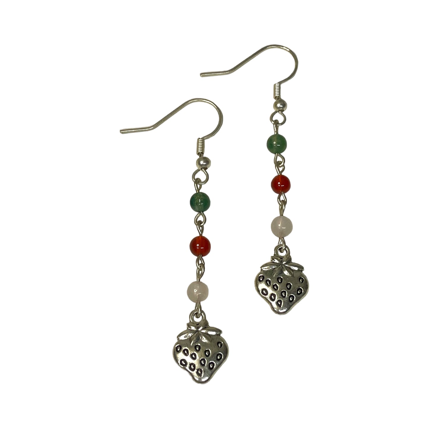 Green Aventurine, Carnelian, Rose Quartz 4mm Crystal Bead And Strawberry Charm Earrings