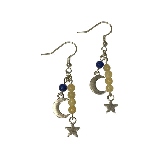 Honey Jade And Sodalite 4mm Crystal Bead With Moon And Star Charm Earrings